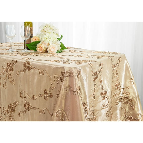 Wedding Linens Inc. 90" x 156'' Rectangular Ribbon Taffeta Tablecloth for Wedding, Luxury Events, Party use - Champagne