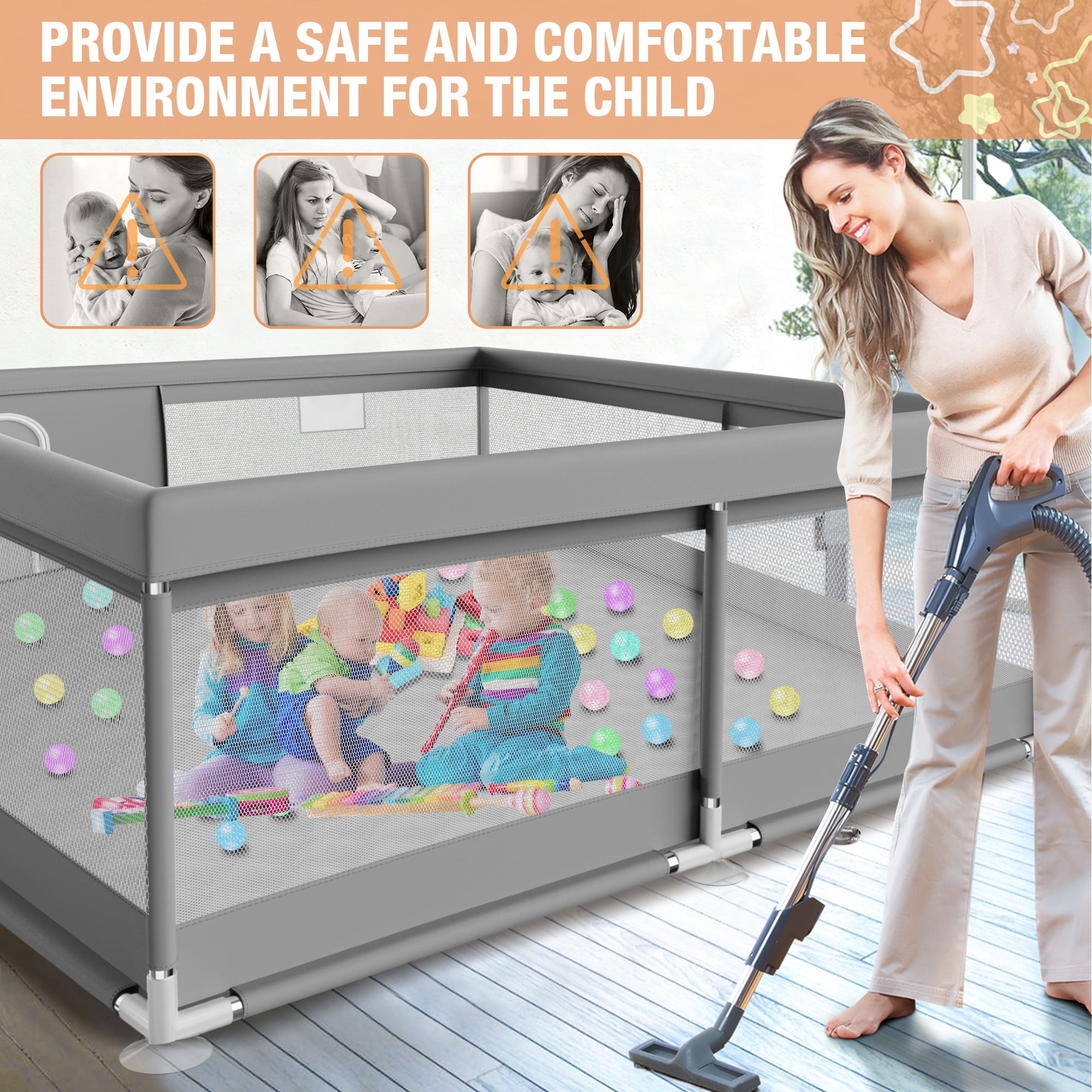 Babyeap Baby Playpen With Mat, Large Play Yard Fence for Toddlers, 50"x50" Gray
