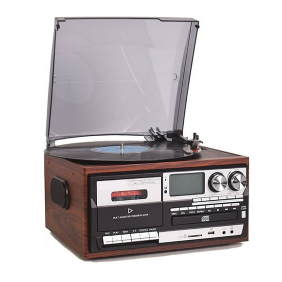 Vinyl record player with speaker 3 Speed Vinyl Record Player Vintage Turntable Bluetooth-compatible CD Cassette Player Speaker AM/FM Radio USB Recorder ,Simple Setup