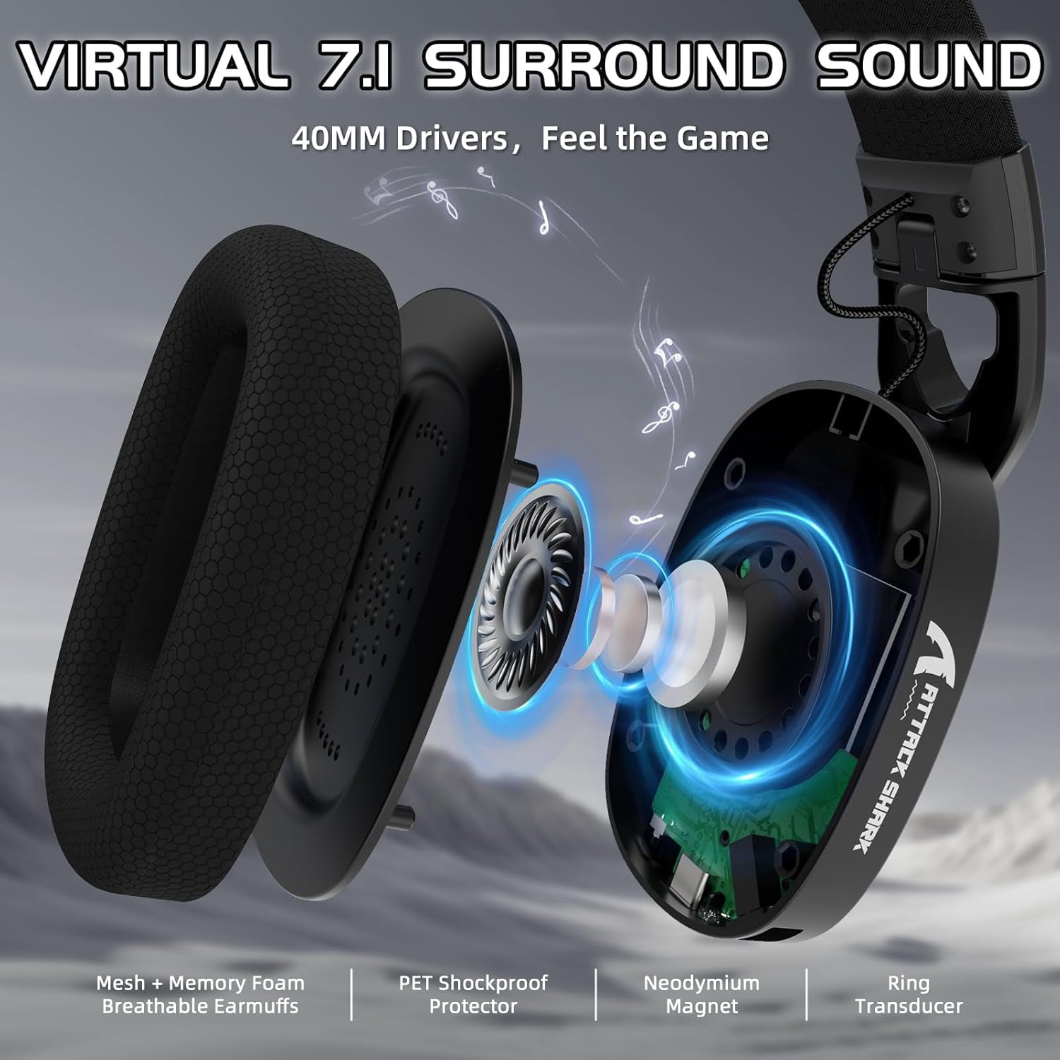 ATTACK SHARK L90 Ultralight RGB Wireless Gaming Headset with Plug-in Microphone,Bluetooth 5.3 & 2.4G Wireless & Wired Headphone, 7.1 Surround Sound for Xbox One Series, PS4,PS5 & PC (Black)