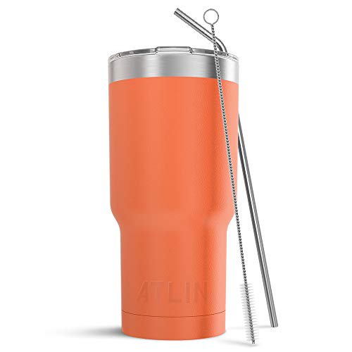 Atlin Tumbler 30 Oz Double Wall Stainless Steel Vacuum Insulation Travel Mug Crystal Clear Lid Water Coffee Cup Straw Included Orange For Home Office School Ice Drink Hot Beverage Walmart Com Walmart Com