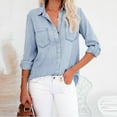 thumbnail image 3 of Womens Button Down V Neck Denim Shirts Long Sleeve Blouse Roll Up Cuffed Sleeve Casual Work Plain Tops with Pockets, 3 of 9