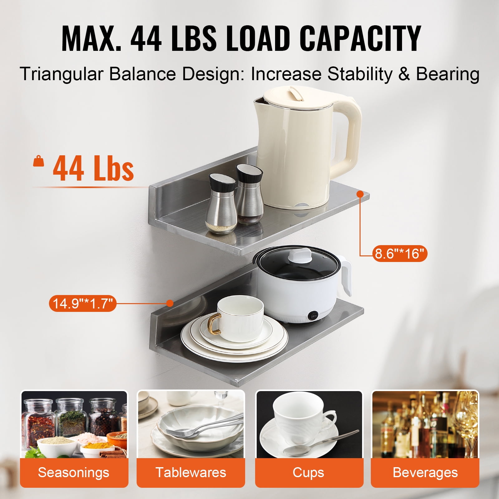 KFFKFF 8.6" x 16" Stainless Steel Wall Shelf 2 Pcs, Floating Shelf with Backsplash, 44 lbs Load Capacity, Durable Storage Rack for Kitchen, Restaurant, Bar, Home, and Hotel Use