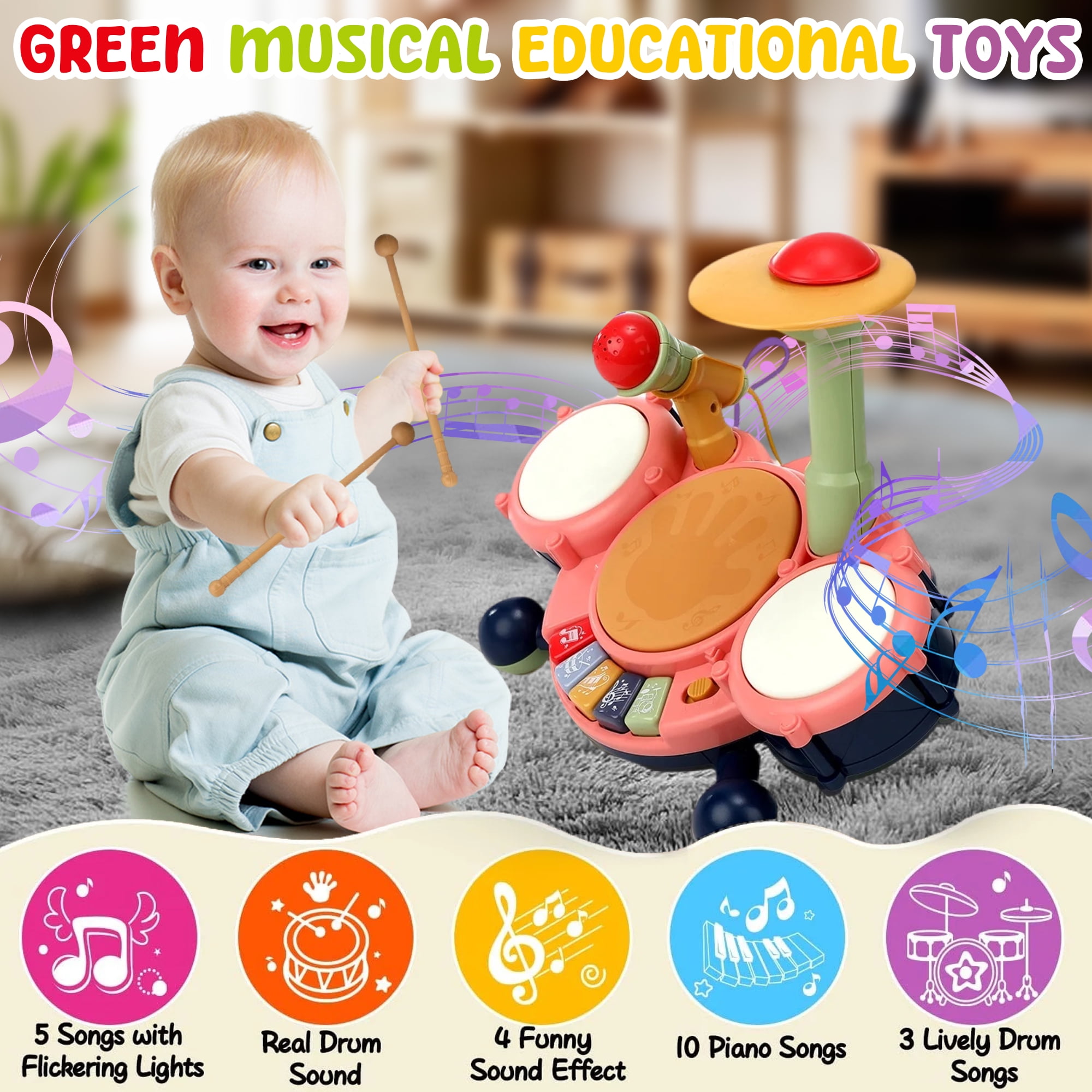 JUGAAD LIFE Drum Set for Toddler Kids, Baby Drum Set Toys Gift for 1 2 3 Year Old, Musical Instruments Learning Toys with 2 Drumsticks and Microphone (Pink)