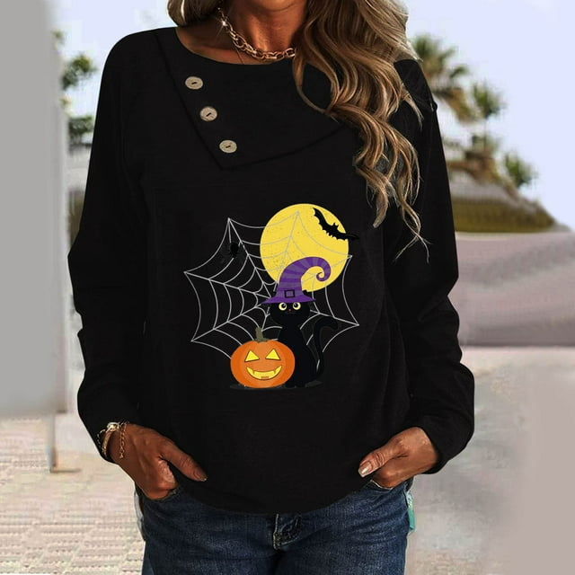 Hauts pour Femmes Décontractés Élégants 2023 Manches Longues Imprimé Col Rond Pull Blouse Costumes d'Halloween pour Femmes en Solde