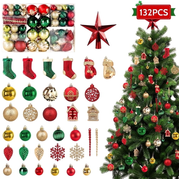 Yexmas 132PCS Christmas Ball Ornament Set, Shatterproof Hanging Christmas Tree Decorations for Holiday Decor Party