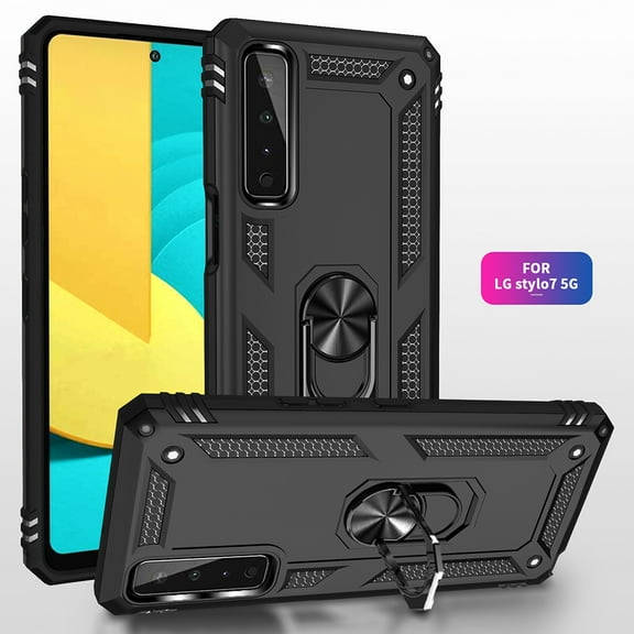 Xpm Case for LG Stylo 7 Military Grade Heavy Duty Armor Protection Hybrid with Rotating Metal Ring Kickstand Finger Loop Stand Cover for LG Stylo 7 5G - Black