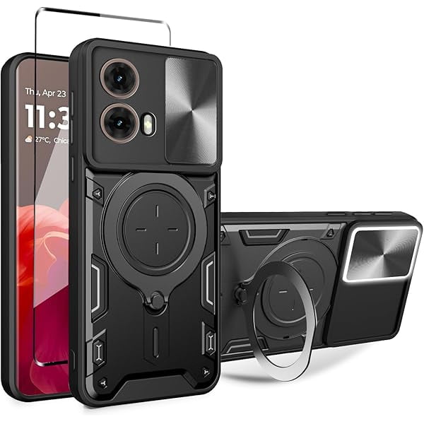 wonima11 Phone Case for Motorola Moto G85 5G Case with Glass Screen Protector, Built Slide Camera Protection Cover,Military Heavy Duty Full Body Protective Phone Case - Black