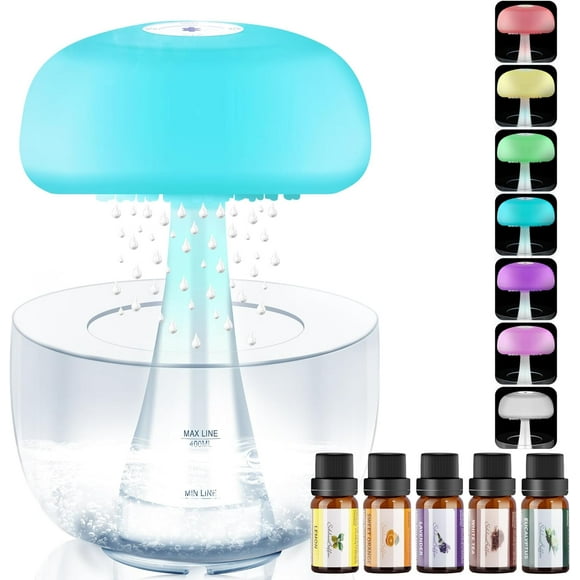 GFDYREE Rain Cloud Humidifier Water Drip with 5 Essential Oils, Cloud Diffuser with 7 Changing Colors Night Lights, Mushroom Humidifier Desk Bedside Water Drop Sound, Transparent