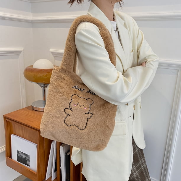 Bolso de hombro de felpa con estampado de osito a la moda, bolso de invierno para mujer (caqui) Tmvgtek Para estrenar