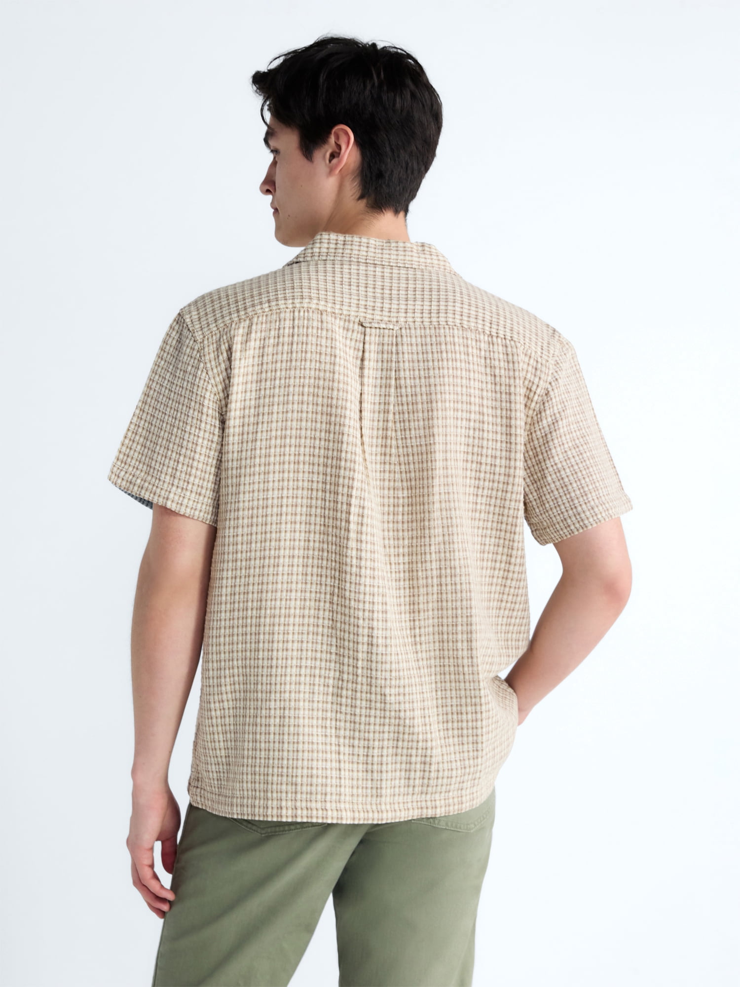 Free Assembly Men's Plaid Textured Cotton Camp Shirt with Short Sleeves, Sizes S-3XL