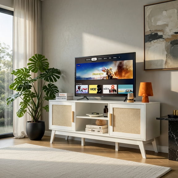 GVN TV Stand Entertainment Media Console with 2 Rattan Cabinets and Open Shelves-White
