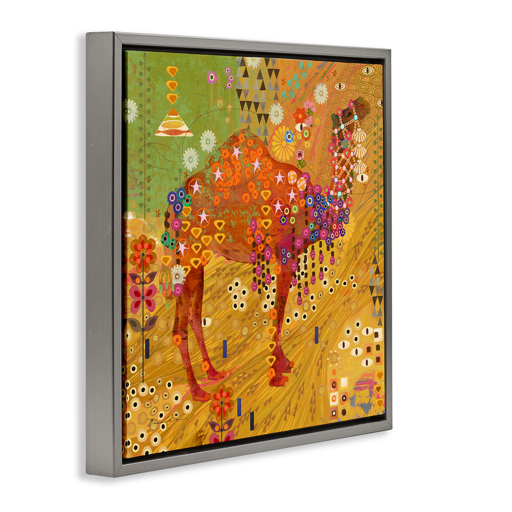 Stupell Industries Boho Patterned Camel Animals & Insects Painting Gray Floater Framed Canvas Art Print Wall Art, 25 x 25