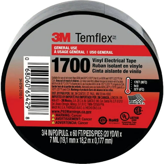 3M Temflex Vinyl Electrical Tape 1700 - Black - 2 Pack, 0.75 In x 60 Ft