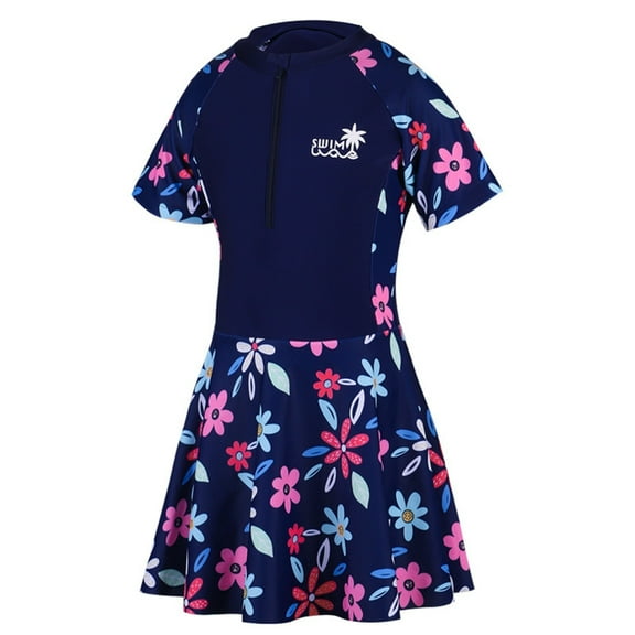 ATOGUTA Girls Swim Dresses Short Sleeve Swim Dress for Girls Beach Pool Party Skirted Bathing Suit Summer Swimwear Navy, Size 6-12 Years