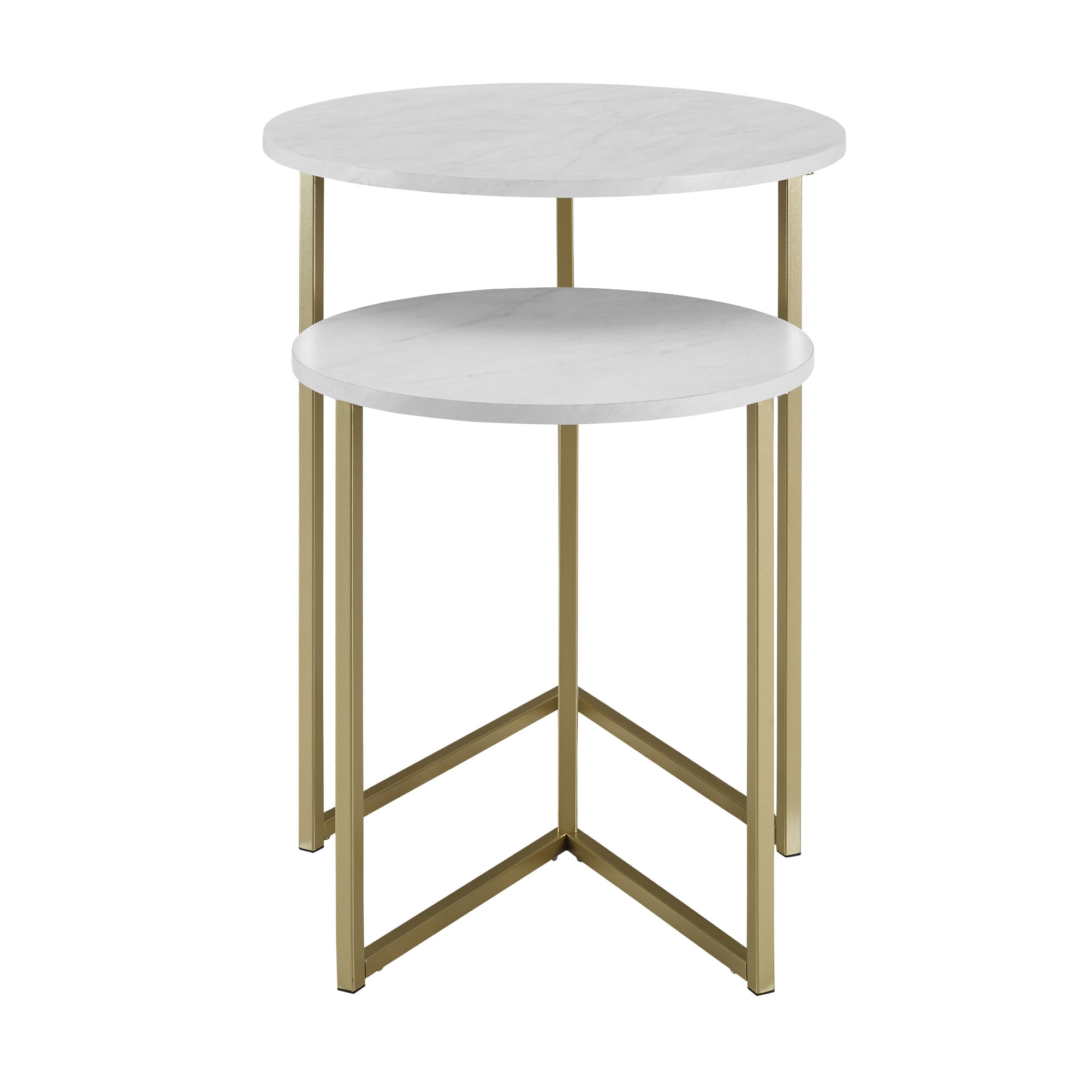 Walker Edison 2-Piece Round Nesting End Table, White Faux Marble/Gold