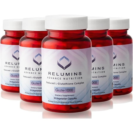 Relumins Advance Nutrition Gluta 1000 - Reduced L-Glutathione, Alpha Lipoic Acid & Rose Hips - Antioxidant Support for Skin & Overall Wellness - 30 Veg Capsules x 5 Bottles (75-Day Supply)
