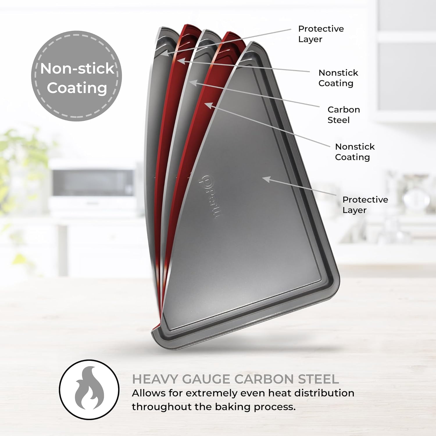 PERLLI Non-Stick 3-Piece Baking Pan Set, BPA-Free Gray Carbon Steel Bakeware Set, Stackable Kitchen Oven Set, Cookie Sheet, Baking Tray, Baking Sheet Set, Oven Safe (446?F)