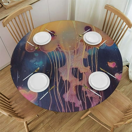 

Patifu Jellyfish Hearts Fantasy Art Round Table Cover Stain Resistant Washable Indoor Outdoor Tablecloth Kitchen Dining Wedding Parties 100% Polyester Fiber 42-46