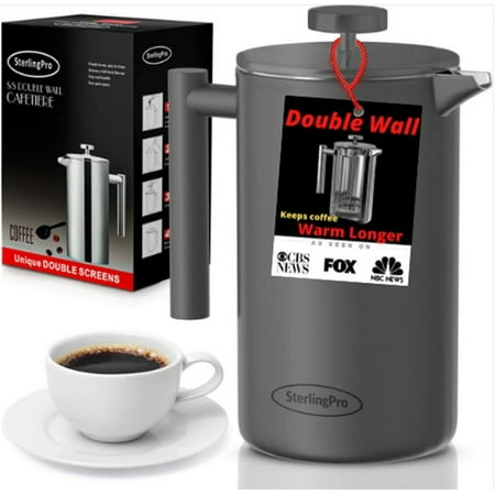 

French press coffee maker-Large double-walled coffee press with 2 free filters-Granule-free coffee elegant rust-free kitchen accessory-Stainless steel French press (1.75L Gray)