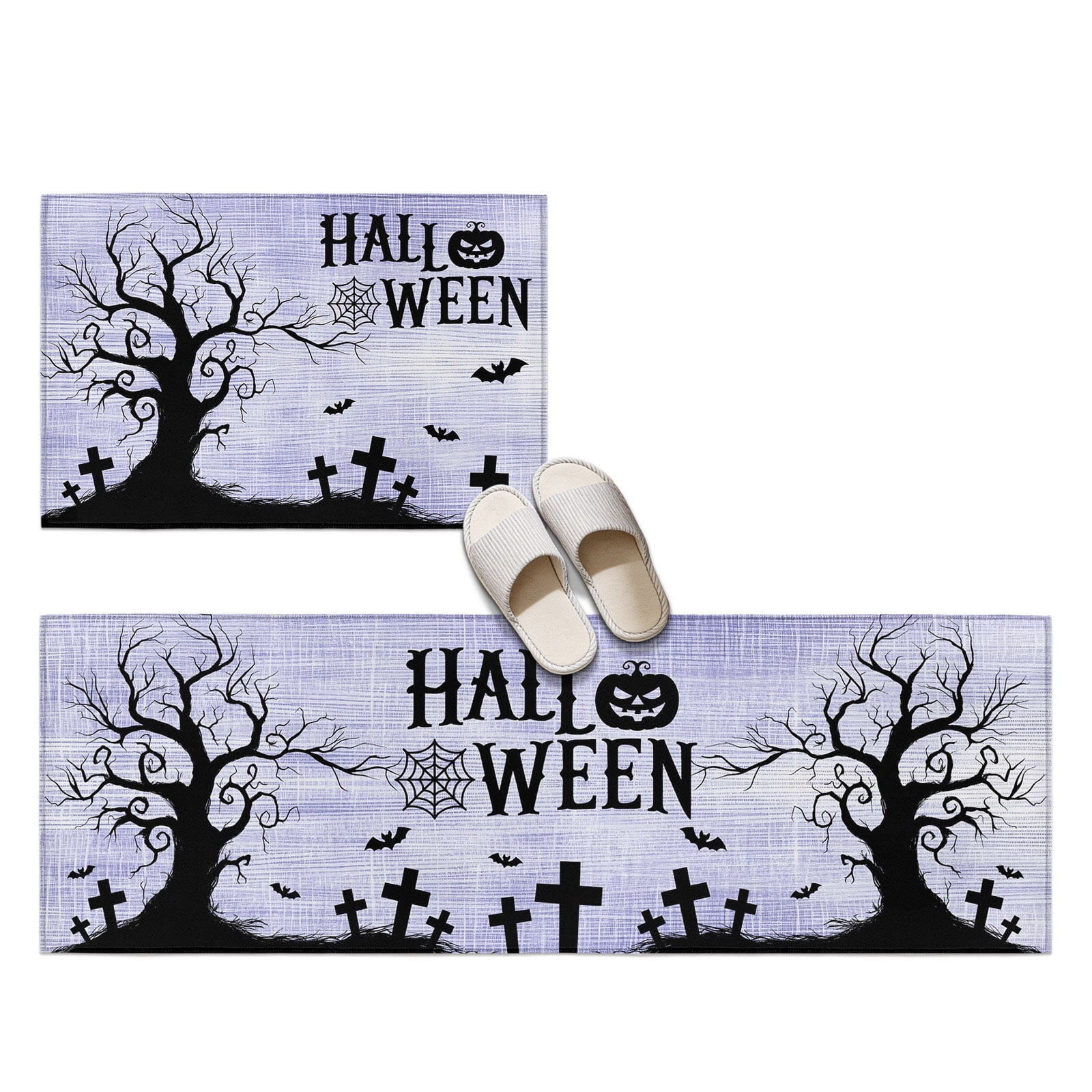 Hallo Halloween 2 Pieces Non-Slip Kitchen Mat Set, Spooky Gnarled Tree Flying Bat Graveyard Hill Purple Soft Door Mat with Rubber Backing, Dirtproof Rugs for Entrance Doorway, 19.7x31.5in+19.7x47.2in