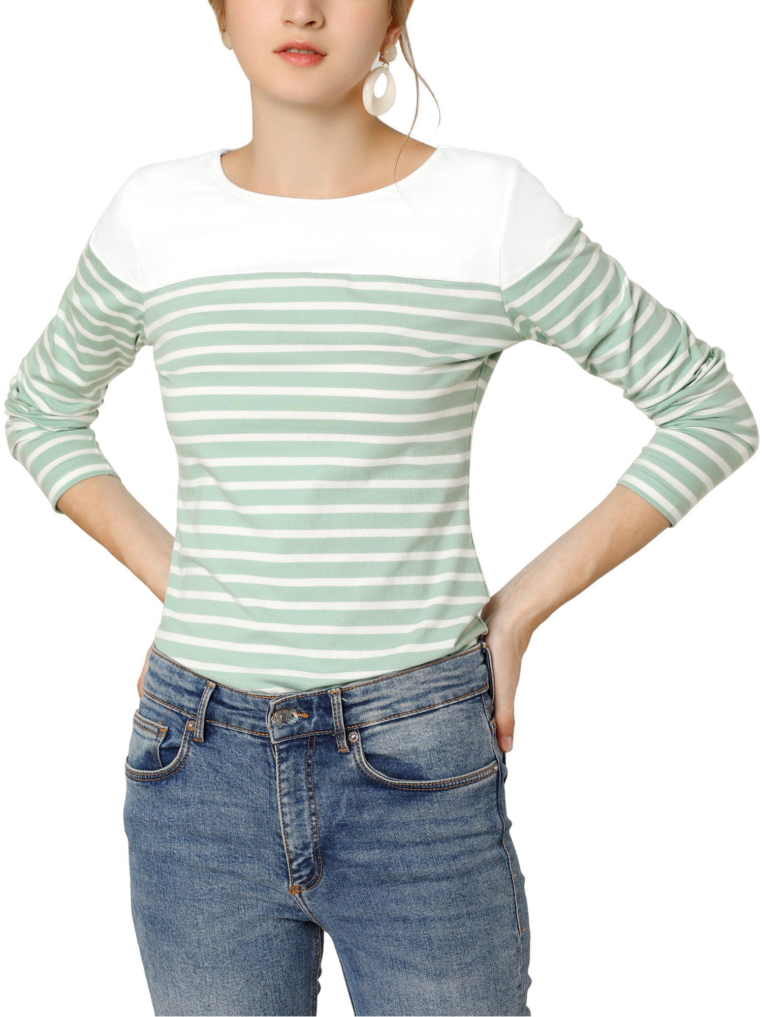 DARING DIVA Women's Color Block Striped Knit Top Long Sleeves T-Shirt S Light Green
