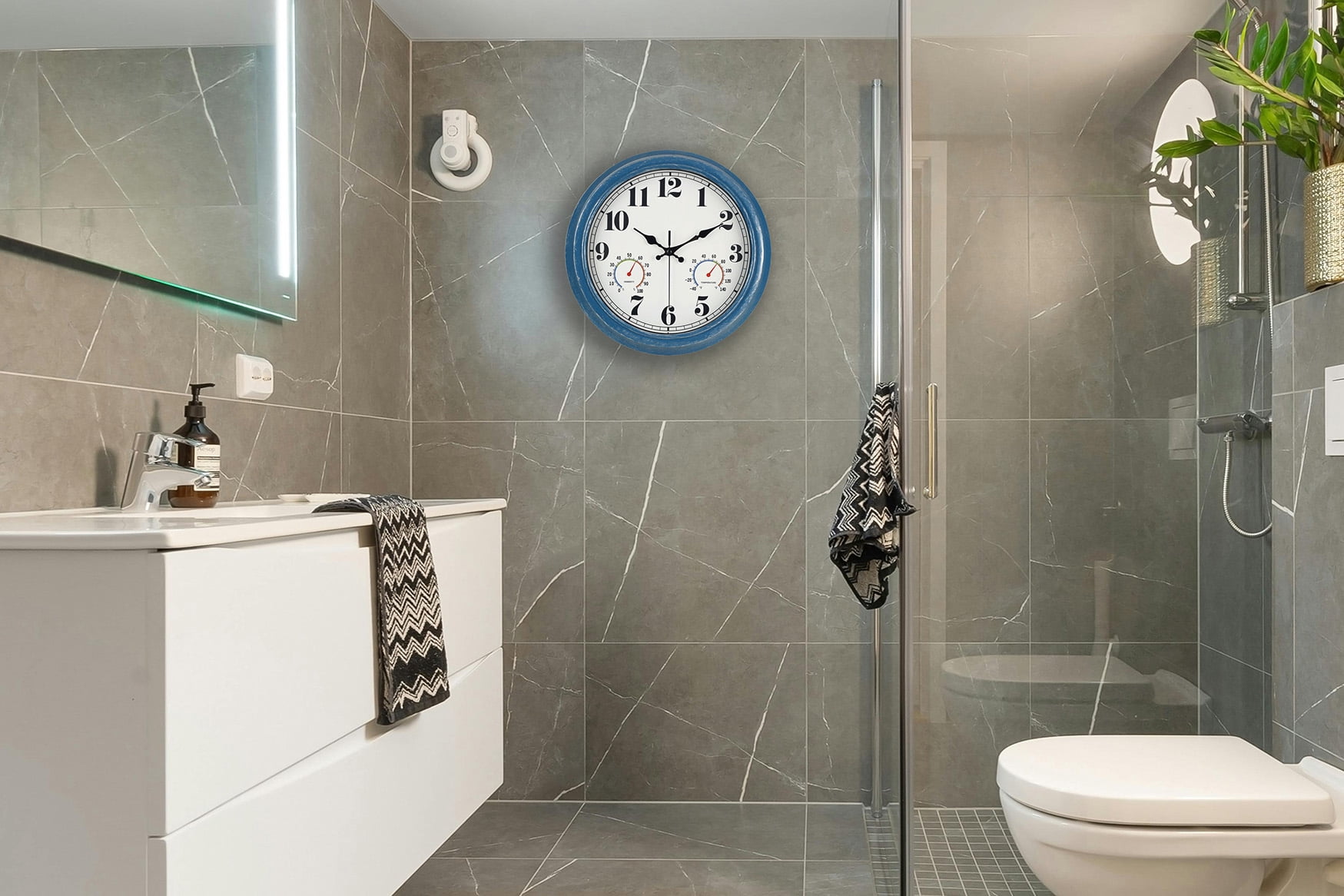 13 Inch Retro Wall Clock,Indoor and Outdoor,Quartz,Analog,Waterproof,Thermometer,Blue