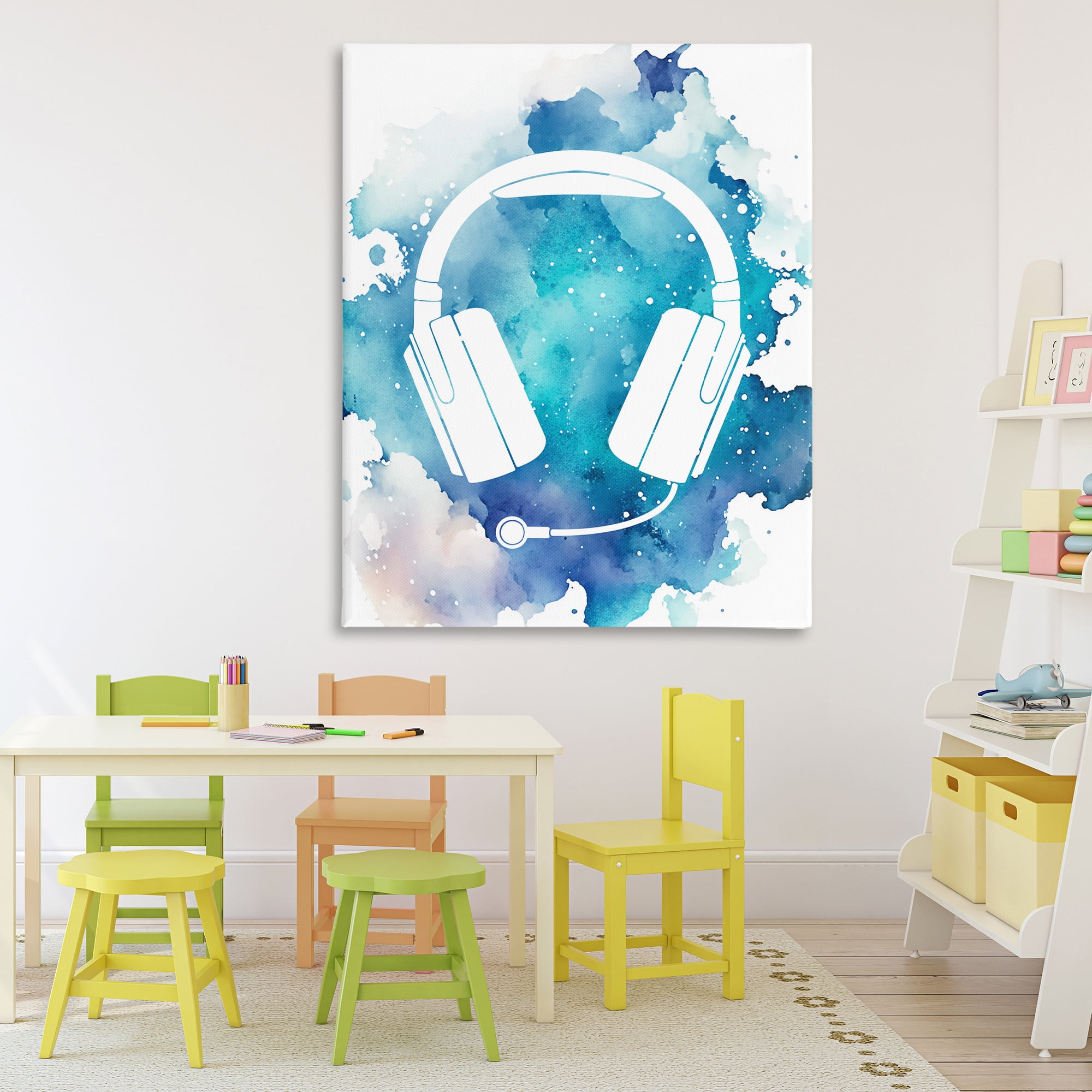 Blue Headphone Splatter Canvas Wall Art, design by Marcus Prime