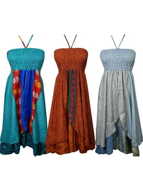 Mogul Womens Sundress Recycled Silk Sari Vintage Two Layer Free Spirited Halter Dress Wholesale Lot Of 3 Pcs
