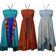 Mogul Womens Sundress Recycled Silk Sari Vintage Two Layer Free Spirited Halter Dress Wholesale Lot Of 3 Pcs