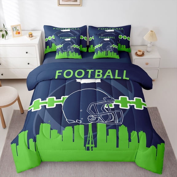 7 Pcs Comforter Set King Size, Football Bed in a Bag with Flat Sheet and Fitted Sheet and Adults,Sports Bedding Set with Pillowcase and Sham(Seattle)