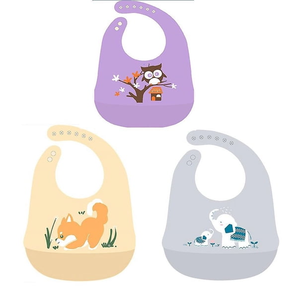 Baberos de silicona para bebés con recogedor de alimentos (juego de 3) - Baberos duraderos y ajustables - Baberos de silicona para bebés y niñas - Baberos de silicona para bebés con bolsa