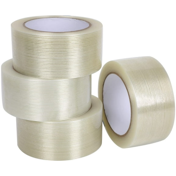 4 Pack Fiberglass Tape, Extra Thickness 6.3 mils and Super Sticky, Transparent Filament Reinforced Strapping Tape for Heavy Duty Packing, 2inch×27yds/