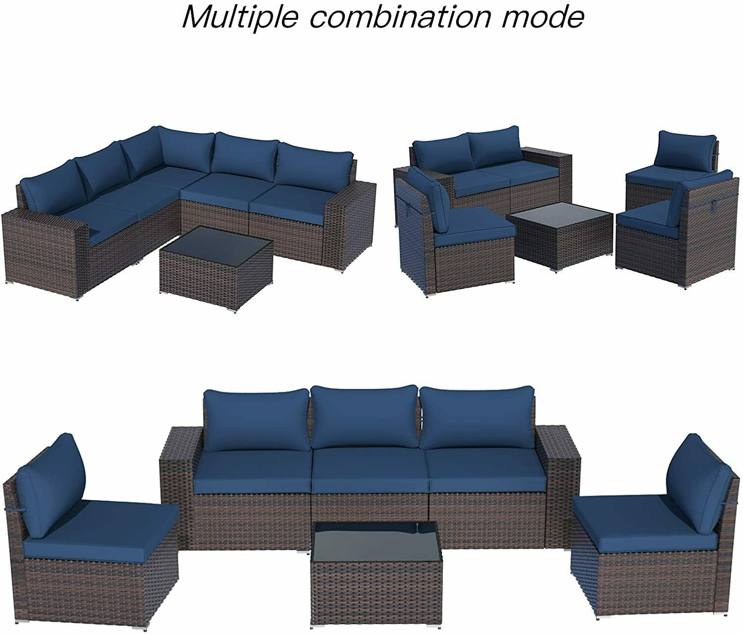 Gotland Outdoor Patio Furniture Set 6 Piece Sectional Rattan Sofa Set Rattan Wicker Patio Conversation Set with 5 Seat Cushions and 1 Tempered Glass Table, Dark Blue