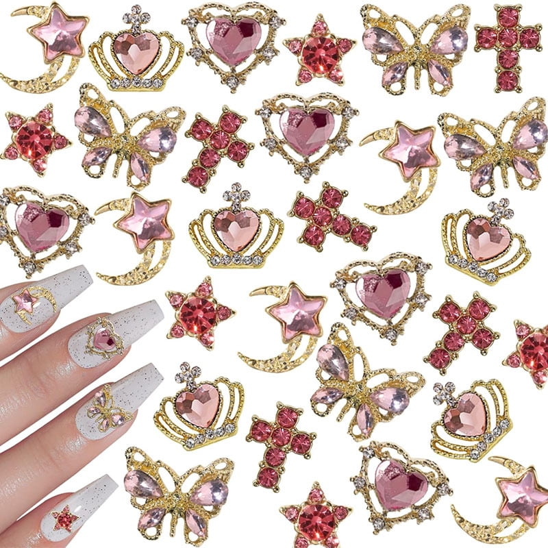 30Pcs Pink Nail Charms Alloy Rhinestones 3D Star Butterfly Heart Cross Gem Nails Crystal Diamond Nail Art Decoration Accessories