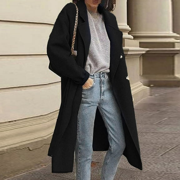 Women's Winter Wool Thin Coat Ladies Jacket Slim Long Overcoat Solid Classic Lapel Loose Outwear Women Long Coat Jacket Petite Jacket for Foreign Jackets Womens Clothes Duster Winter Coat Women plus