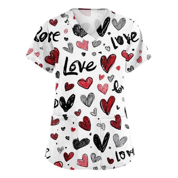 Garbnen Love Heart Print Valentines Day Scrubs Short Sleeve V Neck Stretch Uniforms Scrubs for Women with Pocket Womens Tops Workwear Plus Size S-5XL