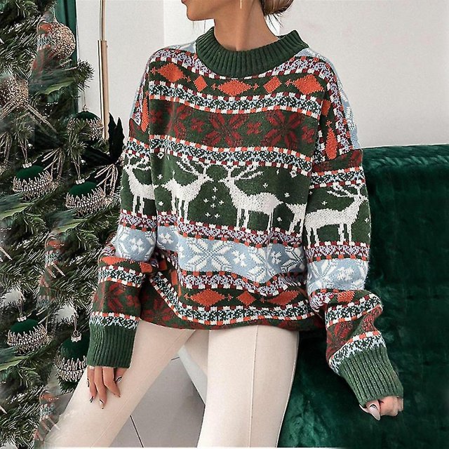 Jersey holgado de Navidad para mujer, suéter de alce, Tops informales de manga larga, jersey cálido