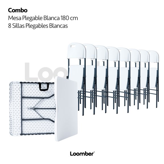 Combo Mesa Plegable Blanca 1.8 metros Tipo Portafolio + 8 Sillas Plegables Blancas Para Exterior LOOMBER
