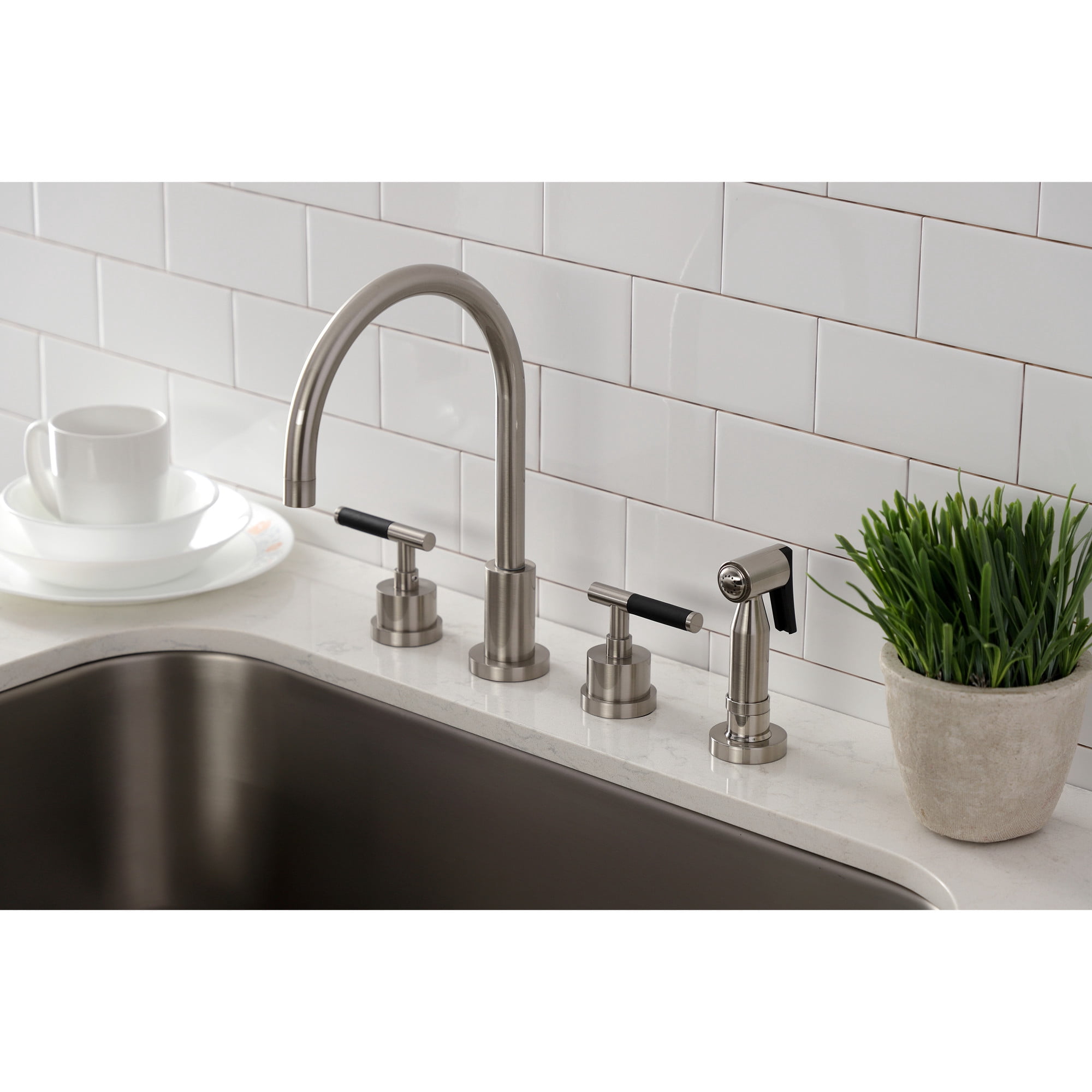 Kingston Brass KS8728CKLBS Kaiser Double-Handle 4-Hole Widespread Kitchen Faucet with Brass Sprayer in Brushed Nickel
