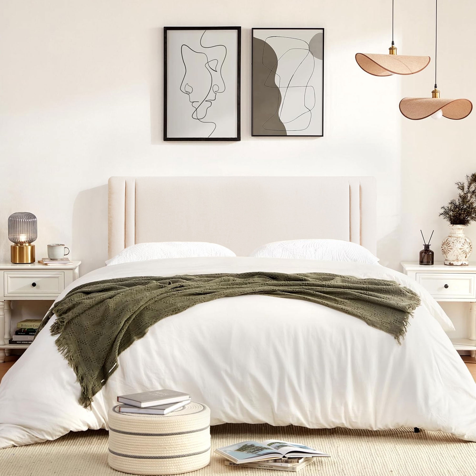 JONPONY Upholstered Twin Headboard,Solid Wood Head Board with Linen Fabric,Adjustable Height Headboard from 37" to 51",Bed Frame Adapters,Headboard Only,Beige