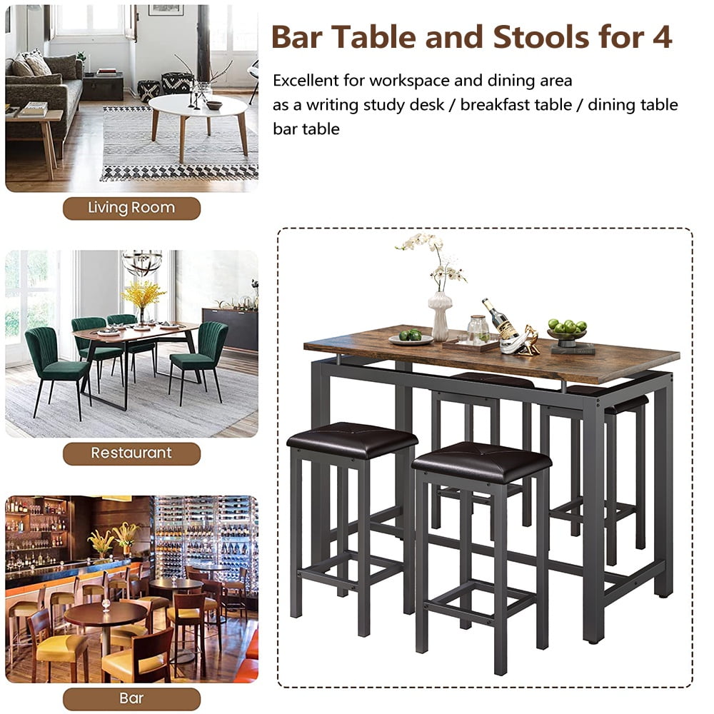 Counter Height Table Set of 5, Breakfast Bar Table and Stool Set, Minimalist Dining Table with Backless Stools, Wood Top Pub Table & Chair Set for Kitchen Apartment Bistro - Space Saving