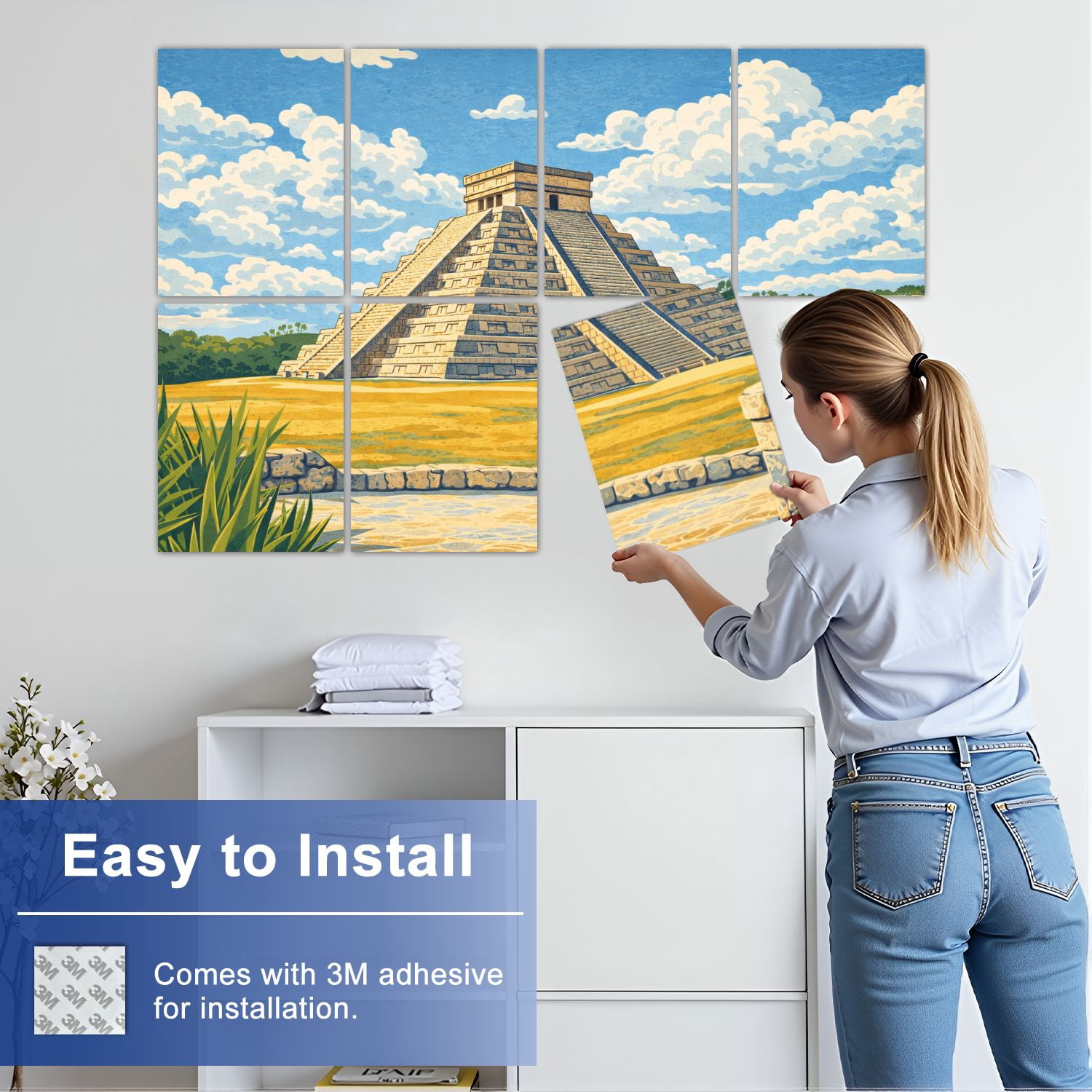 8 Pack Art Acoustic Panels Sound Absorbing Mexico Itza Mayan pyramid Kukulcan Castle Decorative Soundproof Wall Panels Self Adhesive for Nursery Game Room Bedroom 48"x32"