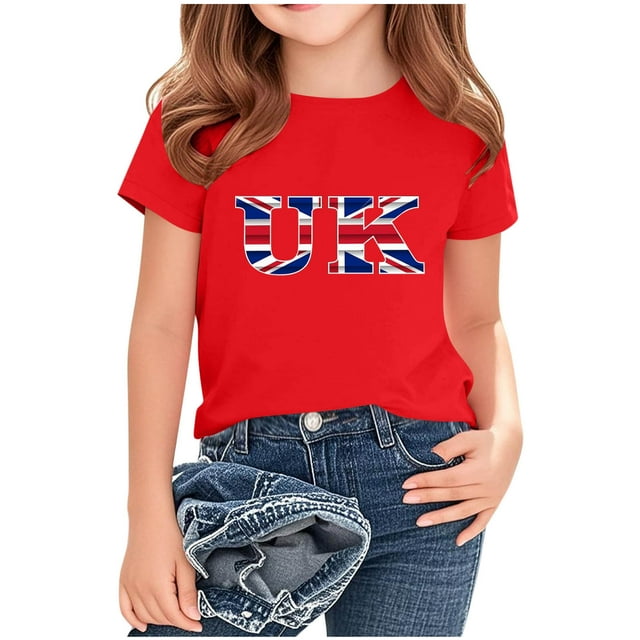 Chemisier à Manches Courtes à Col Rond Imprimé Drapeau Britannique pour Enfants, Tissu en Polyester, Tenue Décontractée pour l'École, Coupe Douce et Confortable, Haut Estival et Printanier Respirant, Lavable à la Machine