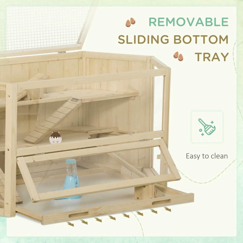 GVN Wooden Large Hamster Cage Small Animal Exercise Play House 3 Tier with Tray, Water Bottle, Natural
