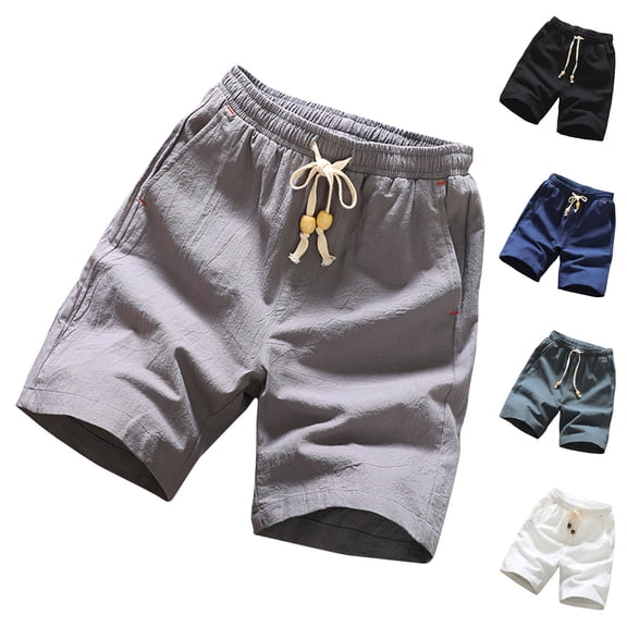 Paiwinds Men's Cotton Linen Running Shorts with Pockets Elastic Waist Drawstring Summer Sports Pants