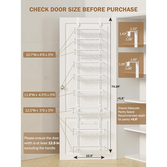 Narrow 9-Tier Over the Door Pantry Organizer, Adjustable Pantry Storage, Metal Hanging Spice Rack, Cabinet Door Organizer for Kitchen, Bathroom, Laundry Room, 12.5" White
