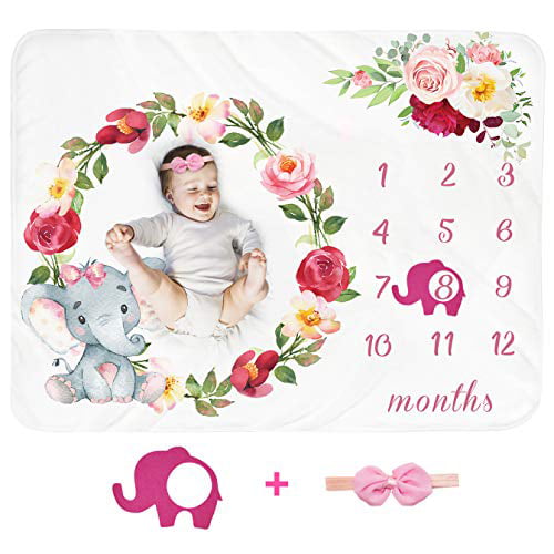 Newborn Month Blanket Personalized Shower Gift Soft Fleece Photography Background Photo Prop Floral Elephant Blanket with Frame Headband Large 51x40 Baby Monthly Milestone Blanket Girl