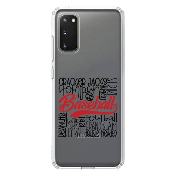 DistinctInk Clear Shockproof Hybrid Case for Galaxy S20 / S20 5G (6.2" Screen) - TPU Bumper Acrylic Back Tempered Glass Screen Protector - Baseball Word Art - Black & Red