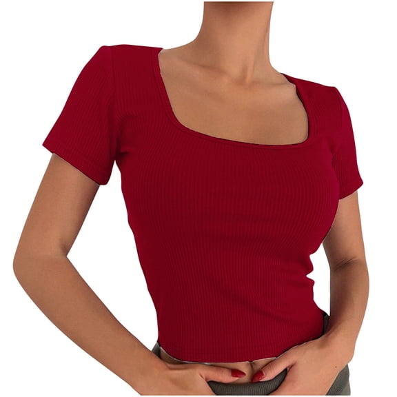 Shiyifun Summer Tops for Women Casual Slim Fit Stretchy Solid Color Short-sleeved Round Neck T-shirts, Red, L